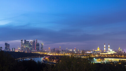 Panoramic aerial view of Moscow City, Russia, from Sparrow Hills day to night timelapse