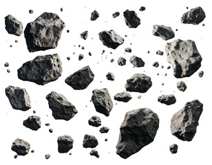 Floating rocks of various sizes against a black backdrop, rendered realistically