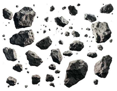 Floating rocks of various sizes against a black backdrop, rendered realistically
