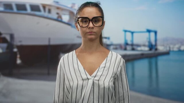 Woman in glasses points index finger at camera on port dock beside boats and marina; firm determination.