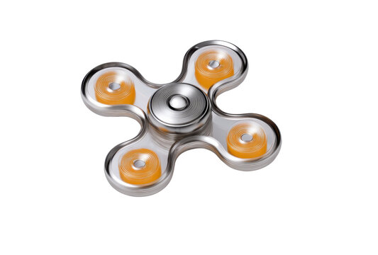 Spinning Stress Reliever: A modern, metallic fidget spinner, designed to alleviate stress, rests poised, its circular form promising a tactile escape from the pressures of modern life.
