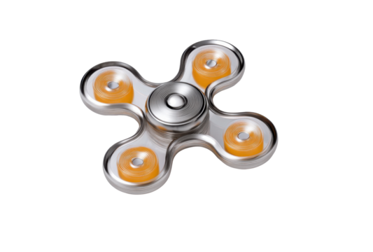 Spinning Stress Reliever: A modern, metallic fidget spinner, designed to alleviate stress, rests poised, its circular form promising a tactile escape from the pressures of modern life.