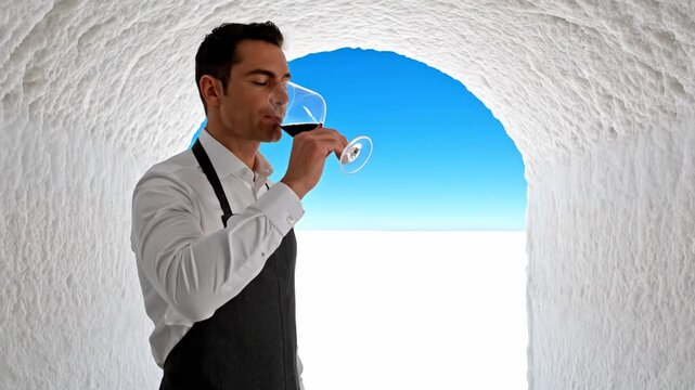 Professional sommelier in an apron studies a glass of red wine in a surreal white cave opening to a bright blue sky and endless horizon, evoking luxury, escape, and refined tasting expertise