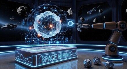 Space Mining Concept Art: Futuristic Holographic Analysis of Asteroid with Robotic Arm in Advanced Space Station Lab