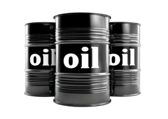 Oil Barrels: Three industrial oil barrels stand in formation, signifying the backbone of industry and commodity markets.  The sleek metal surface gleams.