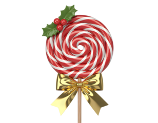 Festive red and white swirl lollipop decorated with holly and a golden bow for christmas a tarnsparent background