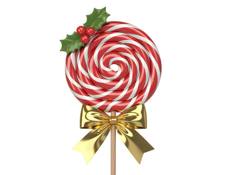 Festive red and white swirl lollipop decorated with holly and a golden bow for christmas a tarnsparent background - Powered by Adobe