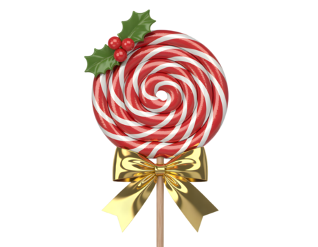 Festive red and white swirl lollipop decorated with holly and a golden bow for christmas a tarnsparent background - Powered by Adobe