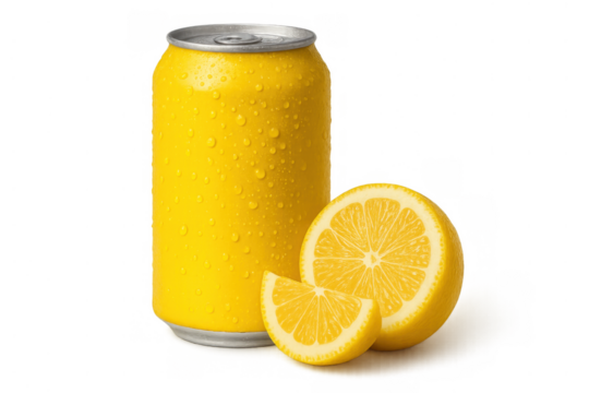 Cold yellow drink can with condensation, fresh lemon slices, invigorating citrus beverage product isolated on transparent background