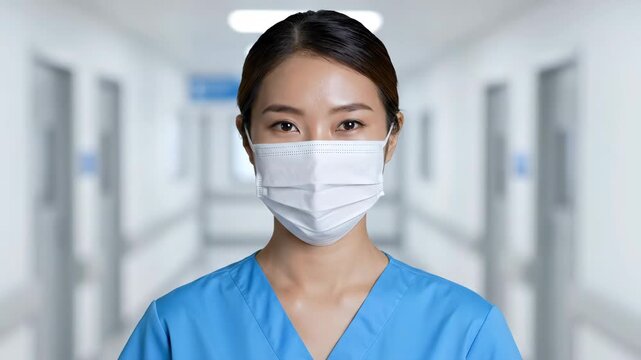 Asian female medical professional wearing a protective face mask and blue scrubs, standing focused in a blurred hospital corridor, representing healthcare and frontline workers