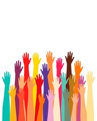 a diverse array of hands reaching upwards, representing unity, participation, and inclusivity. Each hand is colored differently, highlighting the richness of diversity