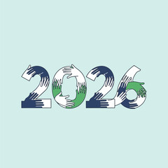 2026 year formed by diverse hands in blue white and green 2