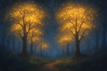 enchanted forest illuminated by glowing light trees