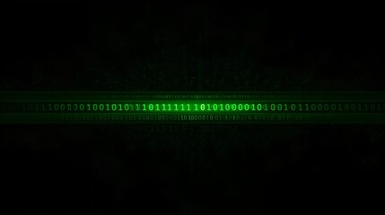 a glowing string of binary code on a dark background. The scene evokes a sense of technology and data