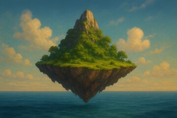 fantasy floating island above deep blue ocean