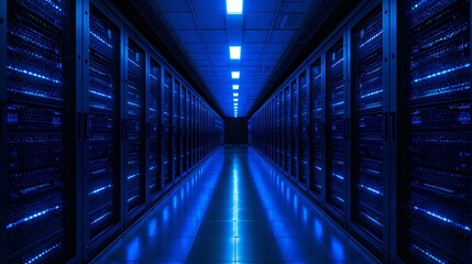 illuminated server room showcasing advanced technology and data storage infrastructure