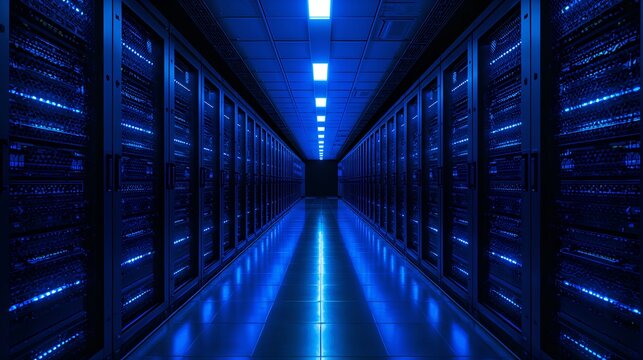 illuminated server room showcasing advanced technology and data storage infrastructure