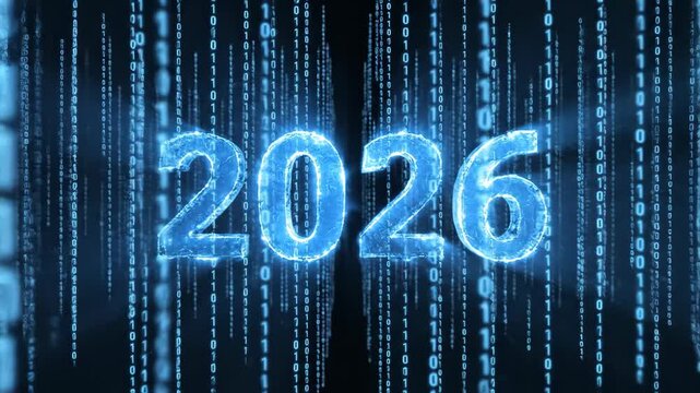 Futuristic 2026 Digital Code - This video features the glowing blue year "2026" video in a futuristic style, set against a backdrop of falling binary code.