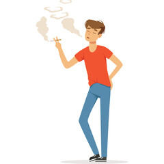 Young Man Smoking Cigarette With Smoke Rings In A Casual Red T Shirt And Blue Jeans On A White Background