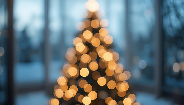Blurred Christmas Tree with Warm Lights in Modern Indoor Setting