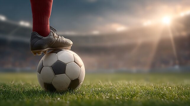 Close up of a soccer ball on a grassy field with stadium lights