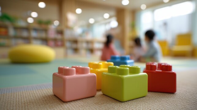 Colorful giant plastic building blocks in a preschool or kindergarten classroom