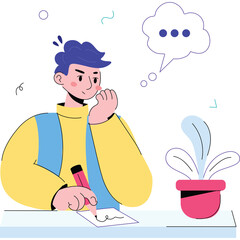 Young Man with Blue Hair Wearing Yellow and Blue Vest Writes Notes at Desk with Potted Plant and Thought Bubble Above