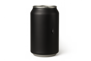 Black aluminum beverage can with condensation drop, transparent background. Refreshing cold drink mockup for branding and design