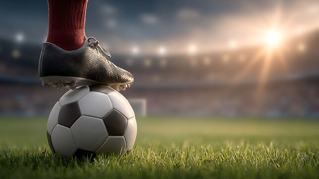 Soccer player s foot on ball with stadium lights and sunset
