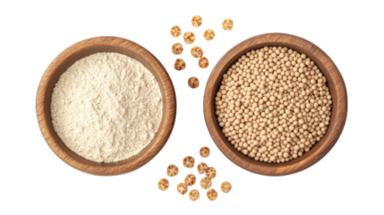 Jowar grains and jowar powder in a bowl side by side on transparent background