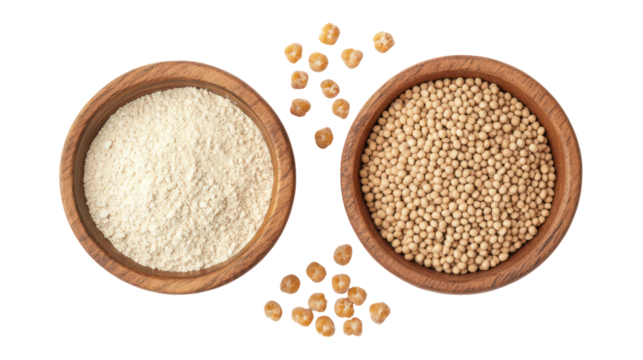 Jowar grains and jowar powder in a bowl side by side on transparent background