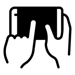 Phone held in hand solid icon, using smartphone concept, touchscreen mobile phone with finger sign on white background, glyph style for mobile web design. Vector graphics.