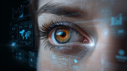 close-up of a human eye with digital data overlay, futuristic and technological. The eye, with intricate detail, reflects a modern digital interface