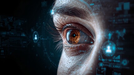 a close-up of an eye, set against a futuristic digital interface, showcasing themes of surveillance and technology