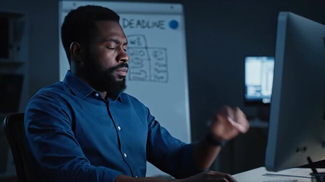 African american man feeling stressed and overwhelmed, working late at night in a dark office, looking at his computer screen, facing pressure from an upcoming project deadline