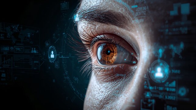 a close-up of an eye, set against a futuristic digital interface, showcasing themes of surveillance and technology