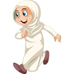 Young Muslim Girl Wearing a White Hijab and Dress Running Joyfully Outdoors with Blue Eyes and Brown Shoes Expressing Happiness and Freedom