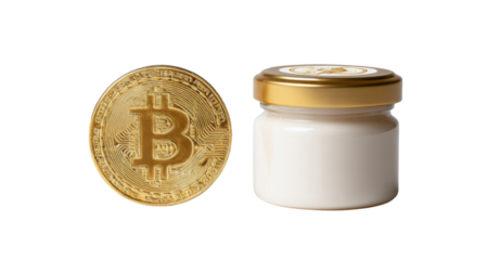 Crypto-Cosmetics: A visual metaphor of the digital financial future, showcasing a golden bitcoin alongside a jar of cosmetic cream, symbolizing the intersection of cryptocurrency and beauty. 