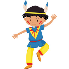 Young Native American Boy In Traditional Blue Yellow And Red Attire Dancing Joyfully With Feathered Headdress And Painted Cheeks Against Transparent Background