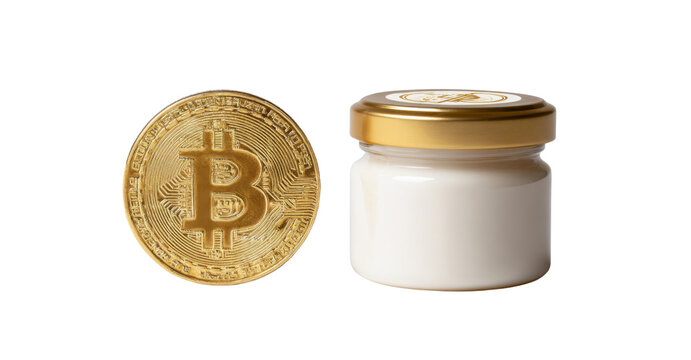 Crypto-Cosmetics: A visual metaphor of the digital financial future, showcasing a golden bitcoin alongside a jar of cosmetic cream, symbolizing the intersection of cryptocurrency and beauty. 