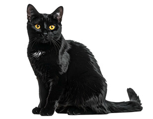 Sleek black cat with striking yellow eyes sits alertly