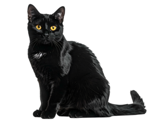 Sleek black cat with striking yellow eyes sits alertly