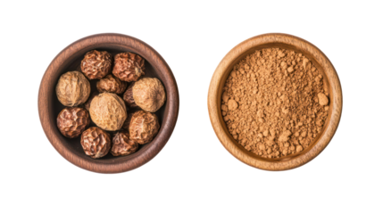 Tiger nuts and tiger nut flour in wooden bowls isolated on transparent background