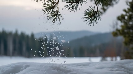 Pine needles and falling snow in a winter forest landscape snowflakes