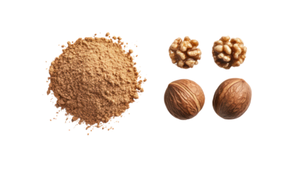 Pile of ground almonds and whole almonds isolated on transparent background
