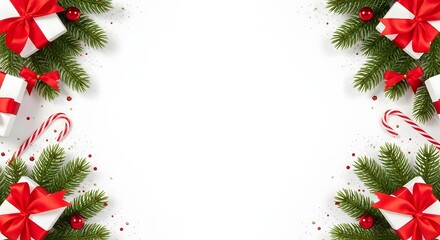 Festive christmas border with fir branches red bows candy canes and confetti on white background