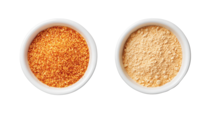 Two small white dishes filled with spices isolated on transparent background
