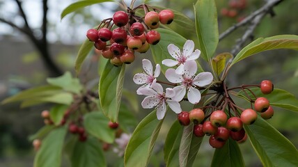 Obraz premium Close up of vibrant red berries and delicate white flowers on a branch leaves nature
