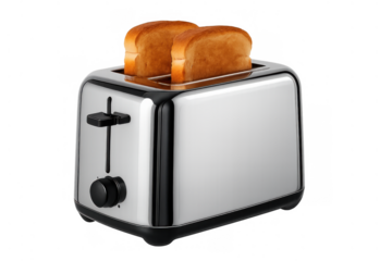 Stainless steel toaster preparing bread slices for hot breakfast meal, kitchen appliance on transparent background