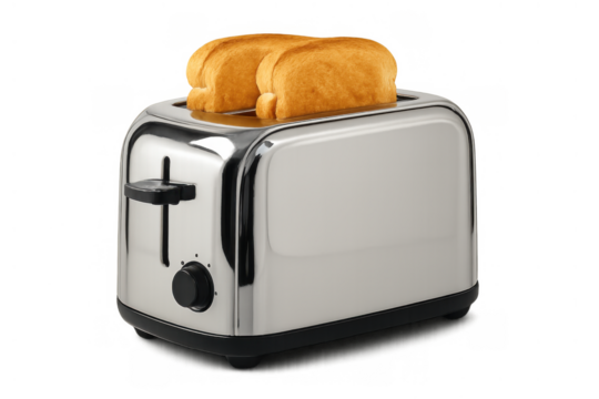 Chrome electric toaster with fresh bread slices ready for breakfast. Kitchen appliance on a transparent background